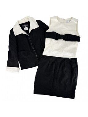 Chanel Set Tweed Bicolor Jacket Sleeveless Dress 38 Black White Silver Linen
